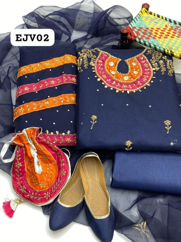 Stuff Organza Multi pplic Tilla Aari Beads Embroidery Shirt And Organza Boti Dupatta With Kattan SIlk Trouser 3PC Dress